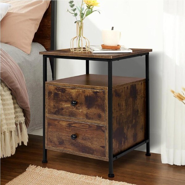 Alfordson Bedside Table Retro Nightstand 2 Drawers Oak