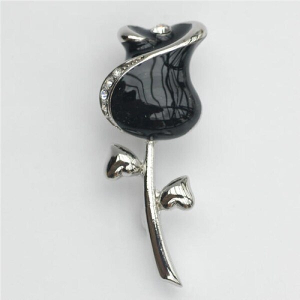 14k Gold plated enamel black rose with crystals brooch pin