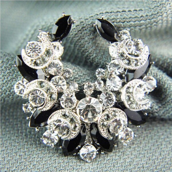 14k white Gold GF with crystals black brooch pin