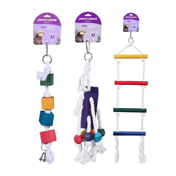 3x Paws & Claws Wooden Bird Pet 34cm Hanging Interactive Toy for Cages Assorted