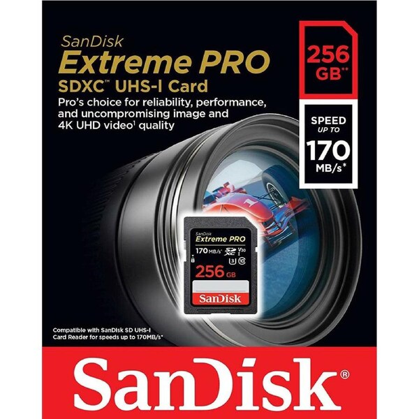 SanDisk Extreme Pro 256GB SDXC 170MB/s Class 10 UHS-I U3 4K UHD SD Memory Card