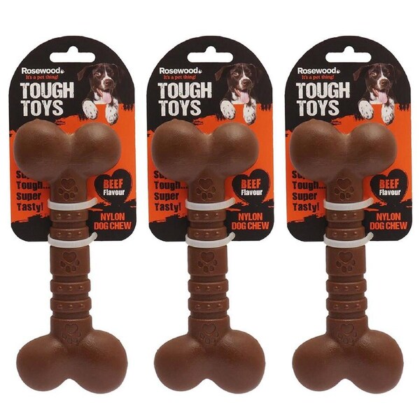 3x Rosewood 12cm Tough Toys Nylon Beef-Flavoured Dog Bone Pet Chew Toy Small