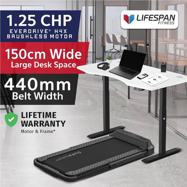 Lifespan Fitness V-FOLD Treadmill with ErgoDesk Automatic Standing Desk 1500mm in White