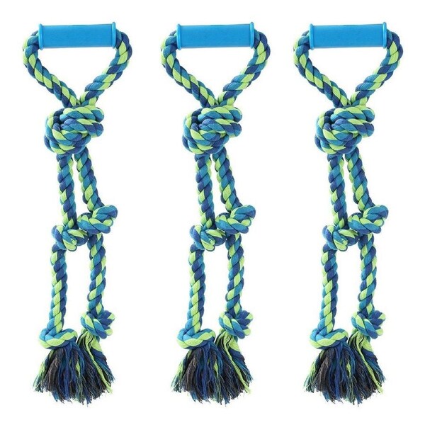 3x Paws & Claws 50cm Twin Knotted Rope Tugger Dog Toy Pet Interactive w/ Handle