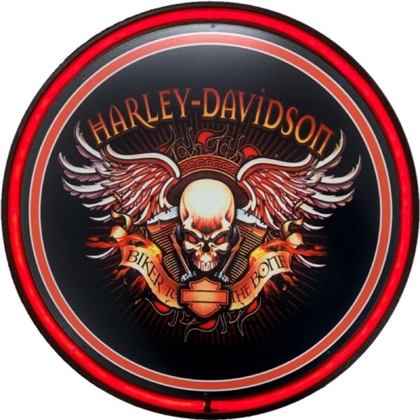 LARGE Harley Davidson Skull Bones Bar Garage Wall Light Sign RED Neon
