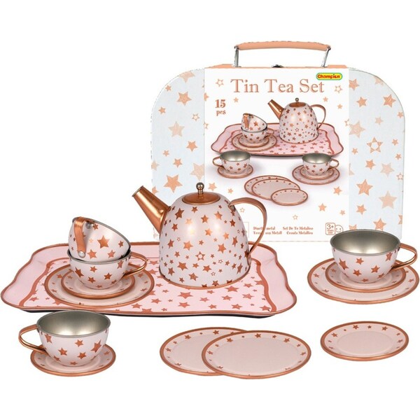 15pc Champion Pink Kids/Children Tin Suitcase Kettle Tea Pretend Kitchen Toy Set