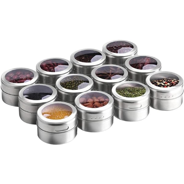 12pcs Magnetic Spice Jars, Stainless Steel Spice Tins Container