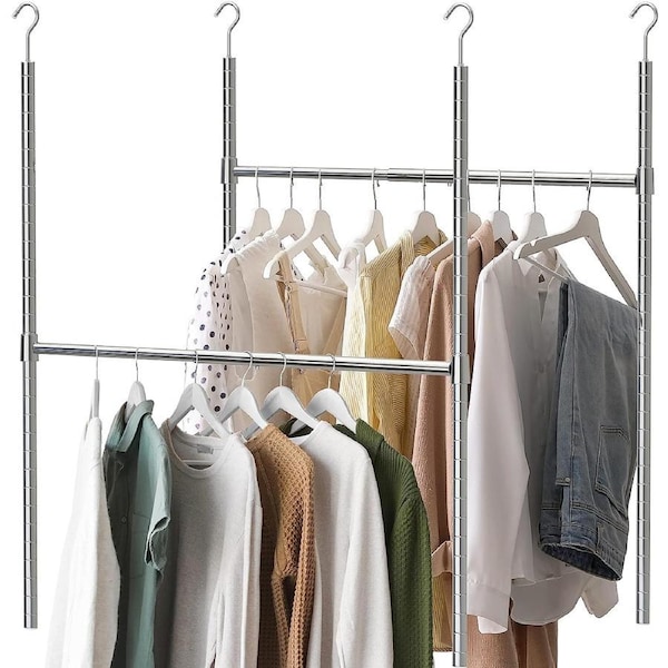 2 Pieces Hanging Closet Rod, Clothes Hanging Bar Double Closet Organizer for Hanging Clothes Indoor Outdoor Closet Space-Saving