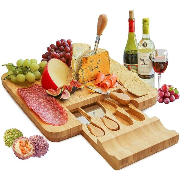 Bamboo Cheese Board Set with Cutlery in Slide-Out Drawer