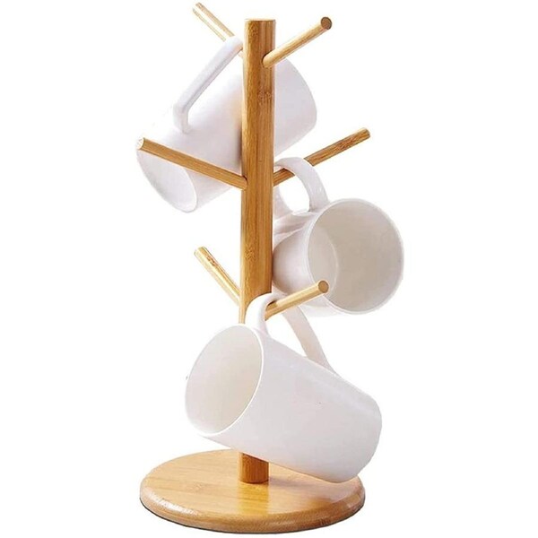 Bamboo Mug Rack Tree Coffee Tea Cup Organizer Hanger Holder with 6 Hooks