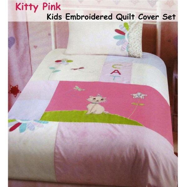 Kitty Cat Embroidered Quilt Cover Set Single 140 x 210 cm
