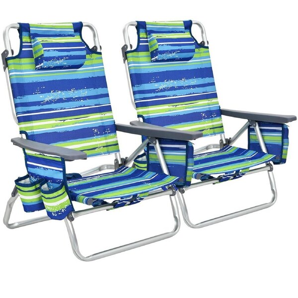 Costway 2 X Folding Reclining Beach Chairs Outdoor Camping Arm Chairs Fishing Panic w/ 5-Position Backrest & Head Pillow