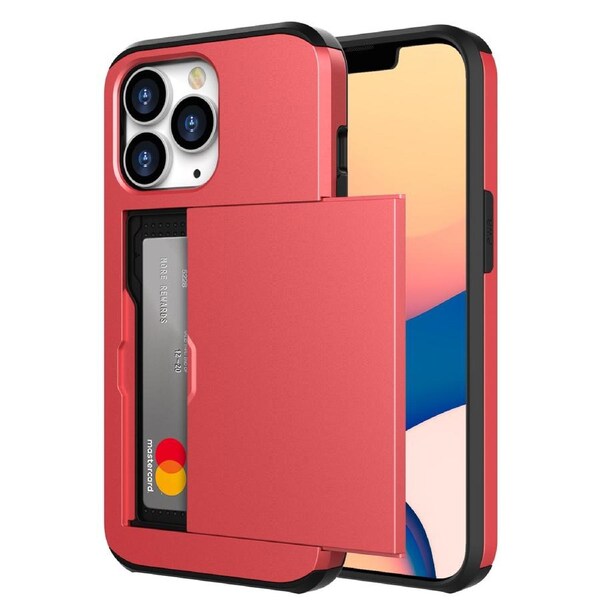 ZUSLAB Slide Armor Card Holder Case for iPhone 13 Mini 5.4" Protective Shockproof Hard Back Cover for Apple - Red
