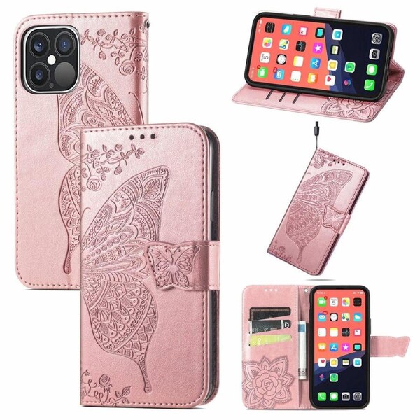 For iPhone 13 Pro Case,Butterfly PU Leather Wallet Cover,Rose Gold