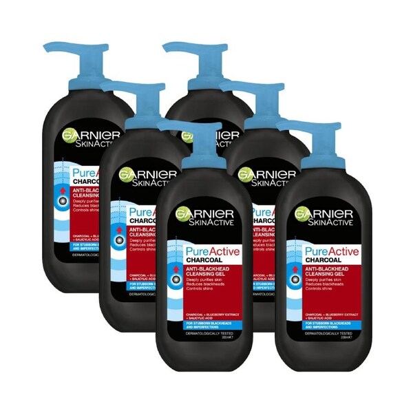 6 x Garnier SkinActive Pure Active Charcoal Anti-Blackhead Cleansing Gel 200mL