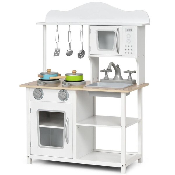Costway Kitchen Play Set Wood Pretend Play Food Cooking Set Little Ones Cookware Play Gift