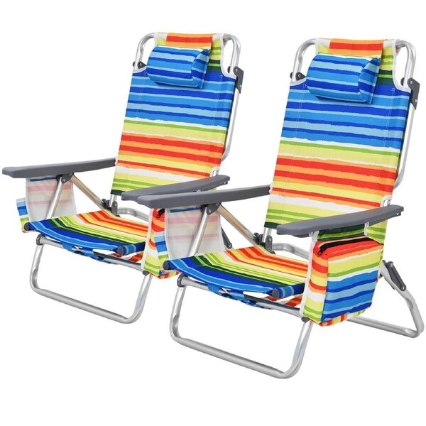 Costway 2-Pack Folding Reclining Beach Chairs Outdoor Camping Arm Chairs Fishing Panic w/ 5-Position Backrest & Head Pillow
