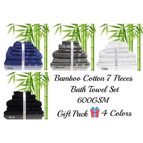 Luxury Gift Packed 7 Pieces Organic Bamboo Cotton Bath Towel 600GSM 4 Colors Hypo-Allergenic Navy / 7 Piece Towel Set