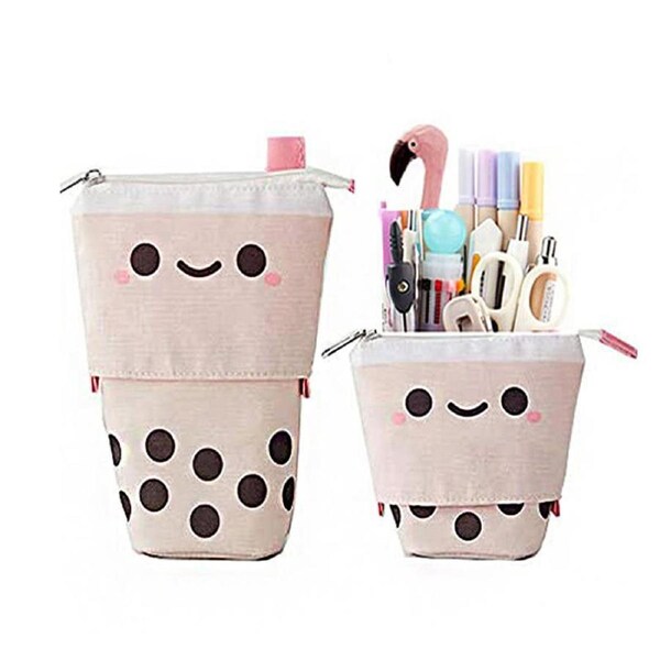 Catzon Cute Pen Pencil Telescopic Holder Pop Up Stationery Case Smile Face Dot Organizer -Beige