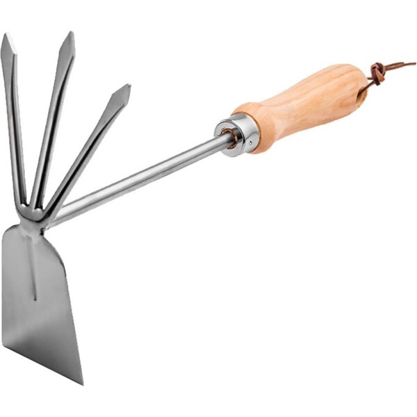 Catzon 32.5CM Gardening Hand Tool Metal Head Hoe with 3 Teeth Rake Carbon Steel Blade Heavy Duty for loosening Soil, Weeding and Digging Rust Proof