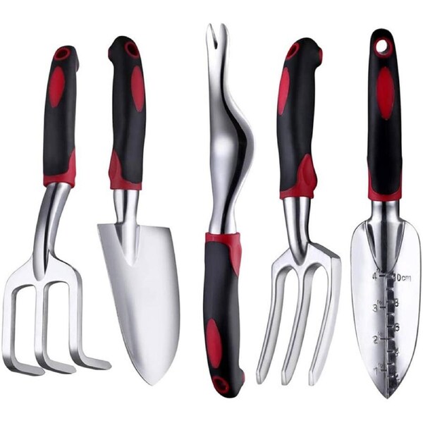 Catzon 5 Piece Garden Tool Aluminum Heavy Duty Gardening Tool Set with Non-Slip Rubber Grip for Men and Women -Black Red