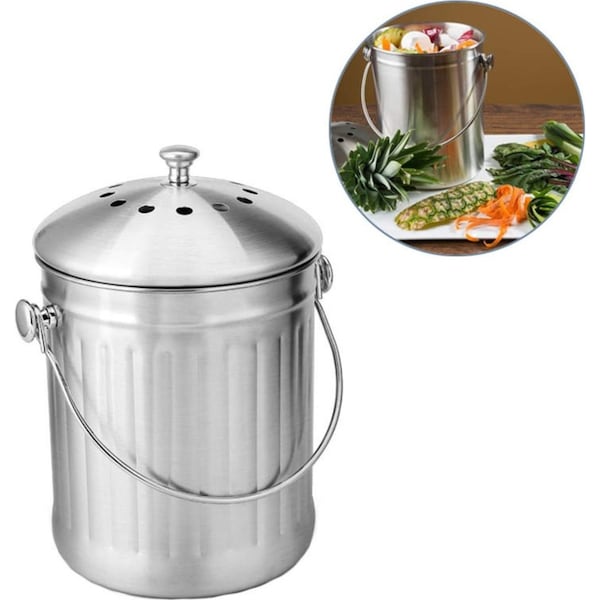 Catzon Stainless Steel Compost Bin for Kitchen Countertop Includes Charcoal Filter