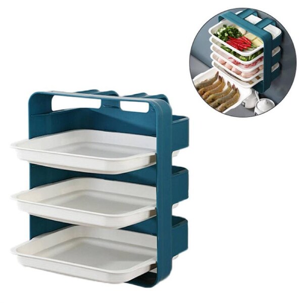 Catzon 3 layers New Multifunction Dishes Trays Hot Pot Stratification Cooking Plates Wall-mounted -Blue