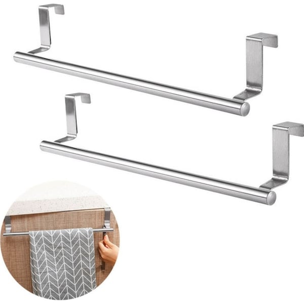 Catzon 2 Pack Stainless Steel Over Door Towel Rack Bar Holders for Universal Fit on Cabinet Cupboard Doors L