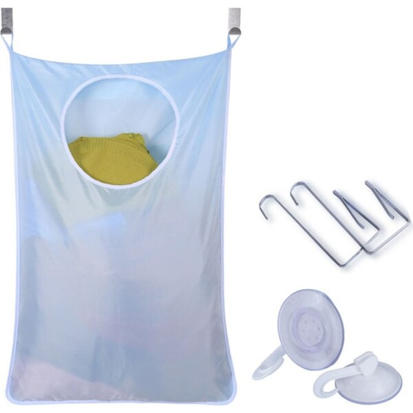 Catzon Hanging Laundry Hamper Bag with Free Adjustable Stainless Steel and Suction Cup Hooks - Blue