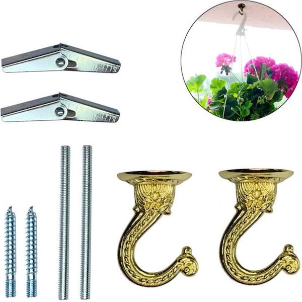 Catzon 2 Pack Ceiling Hooks Heavy Duty Swag Hook with Hardware for Hanging Plants - Gold