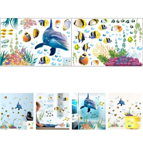 Catzon 2Pcs Removable Creative DIY 3D The World Under Sea Dolphin Seagrass Coral Home Art Wall Stickers for Kids Room