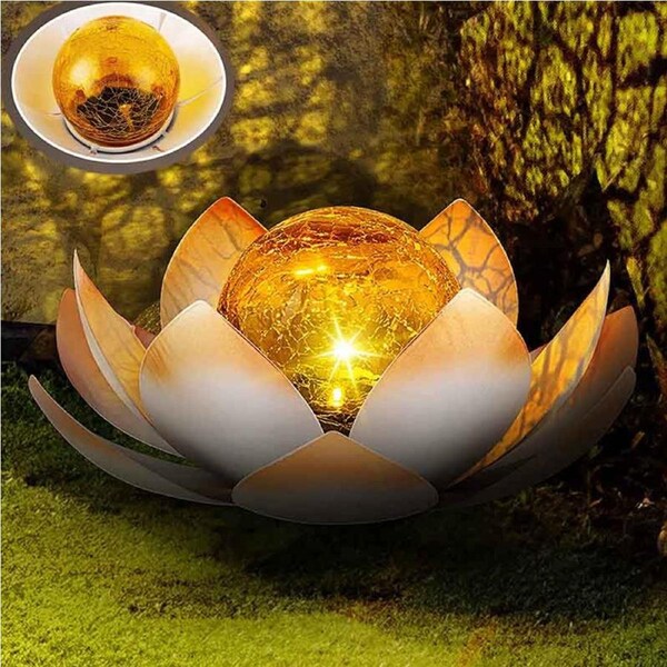 Catzon Garden Metal Lotus Art Cracked Glass Ball LightSolar Waterproof Garden Light Suitable for Pathway Lawn Patio