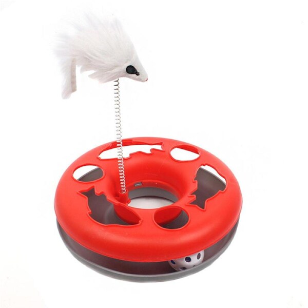 Catzon Interactive Cat Toy Scratching Spring Mouse Turntable with Exercise Bell Balls-Red