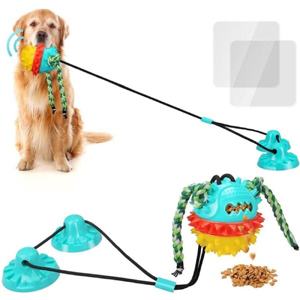 Catzon Pet Silicone Molar Squeak Toy Dog Rope Ball Pull Sucker Interactive Dog Chewing Toy-Blue