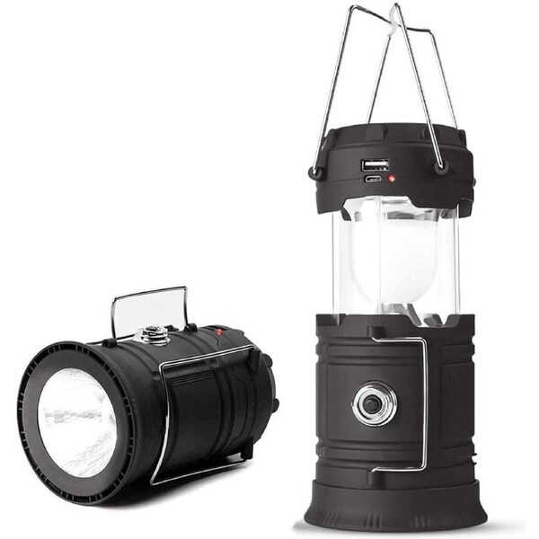 7 LED Camping Lantern Rechargeable Battery USB Output Hiking Torch 800lux - Black