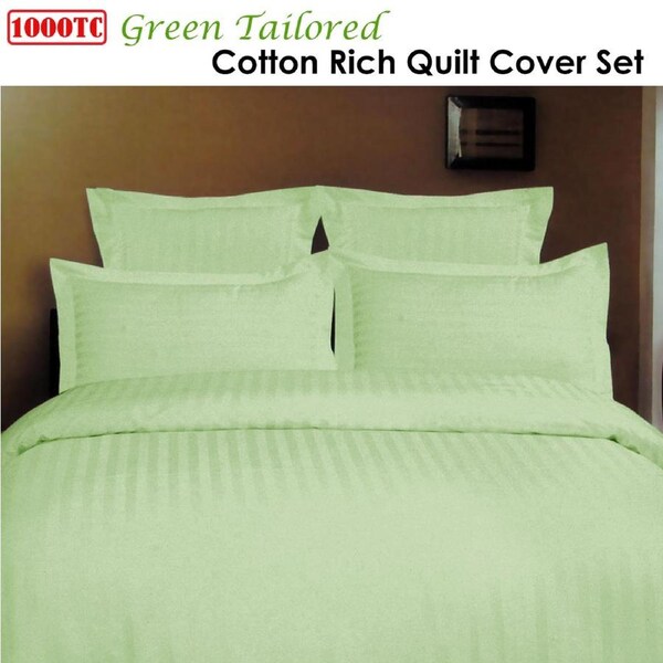 1000TC Self Striped Tailored Quilt Cover Set Green Queen 210 x 210 cm