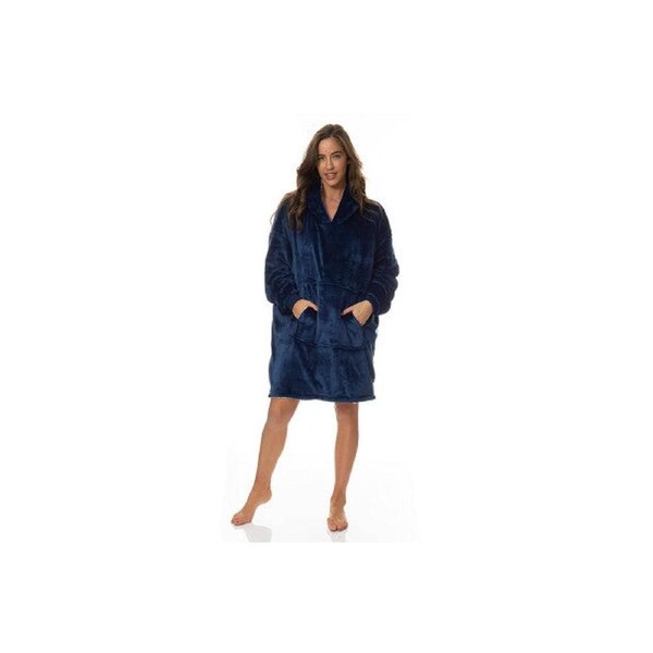 Royal Comfort Snug Hoodie Nightwear Super Soft Reversible Coral Fleece 750GSM One Size Navy