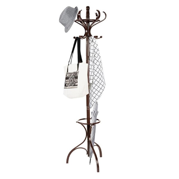 Costway 181CM Wood Coat Rack Hat Stand Clothes Hanger w/Umbrellar Holder & 12 Hooks Entryway Bedroom Living Room