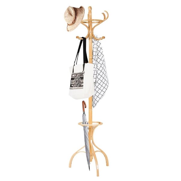 Costway 181CM Wood Coat Rack Hat Clothes Hanger w/Umbrellar Holder & 12 Hooks Entryway Bedroom Living