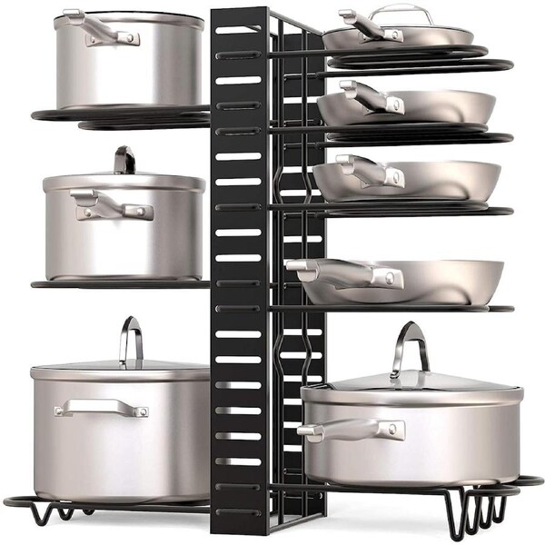 Pots and Pans Organizer under Cabinet, 3 DIY Methods Rack, Height and Position Adjustable - 8 Pots Holder, Black Metal Kitchen Cabinet Pantry Pot Pan Lid Holder