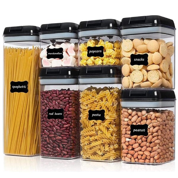 Airtight Food Storage Container Set with Easy Lock Black Lids Labels ( 7 Pieces )