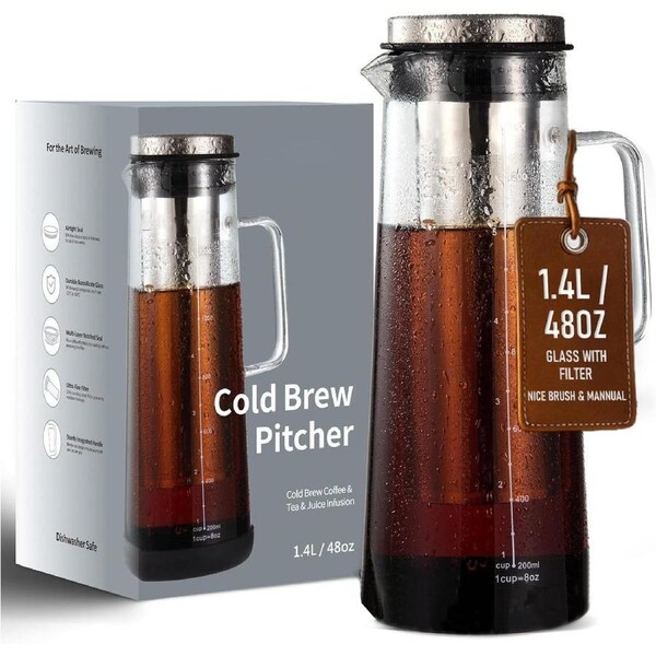 100% Airtight Cold Brew Glass Coffee Maker Iced Tea Maker Juice Water Carafe Server, Double Mesh Stainless Steel Filter (1.4L)