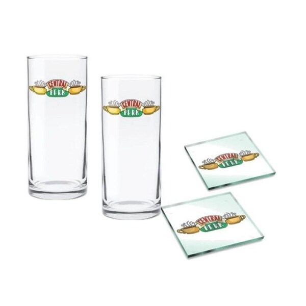 Friends Central Perk Design Set of 2 Highball Glasses and Glass Coasters