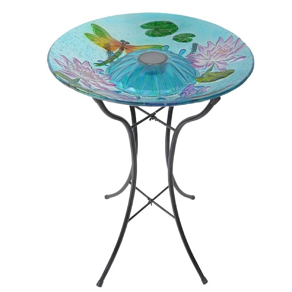 Teamson Home Solar LED Glass Mosaic Bird Bath Bowl 46cm Dragonfly, Multi