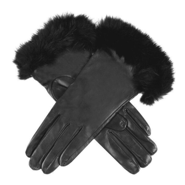 Dents Womens Maria Sheepskin Leather Faux Fur Cuff Gloves - Black Large