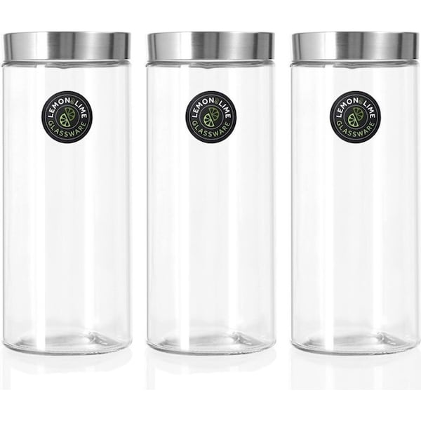 3x Lemon & Lime Alto 2.2L Glass Jar 27cm Stainless Steel Lid Kitchen Storage CLR