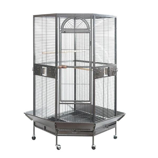 YES4PETS 161 cm XL Corner Bird Cage Pet Parrot Aviary Perch Castor Wheel Stand Black Silver