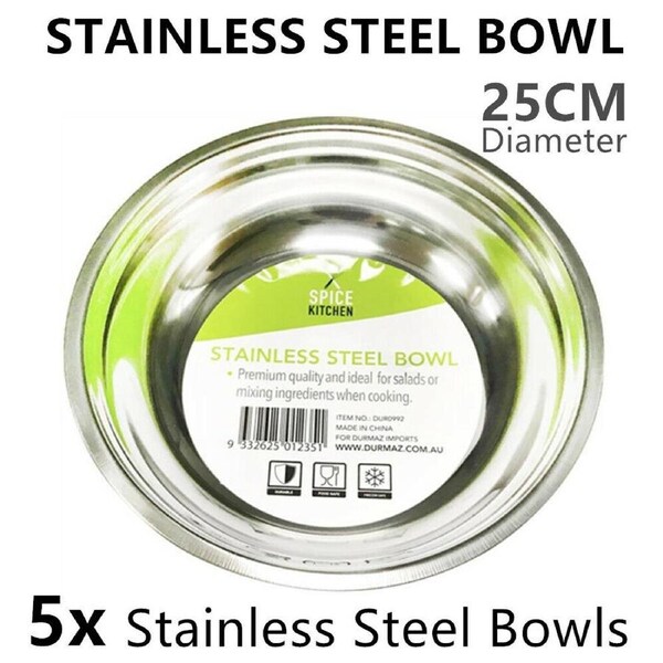 5 x Stainless Steel Bowl 25CM Food Serving Mixing Salad Rice Soup Fruit Noodle