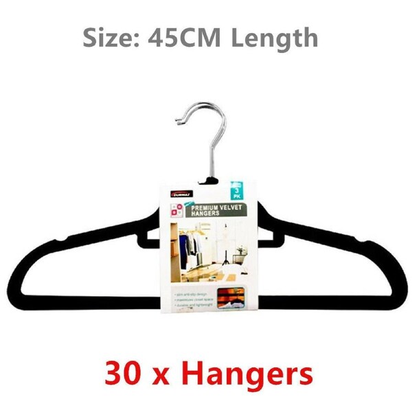 30pcs Black Velvet Non Slip Slim Flocked Clothes Hangers Coat Shirt Dress Anti