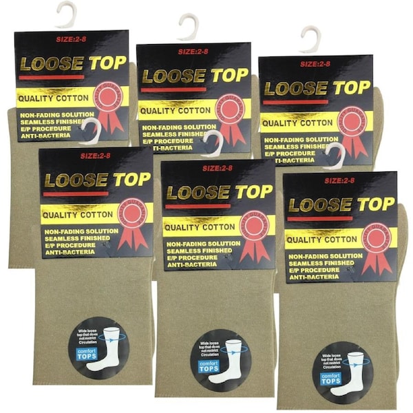 6x Pair COTTON Rich LOOSE TOP SOCKS Dress Medical Circulation Diabetic Comfort Beige (2-8)